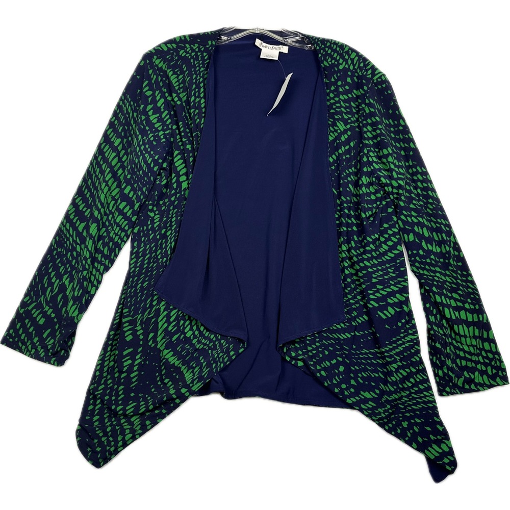TravelSmith Blue Green Knit Open Cardigan Women PL Large Petite Reversible NWT